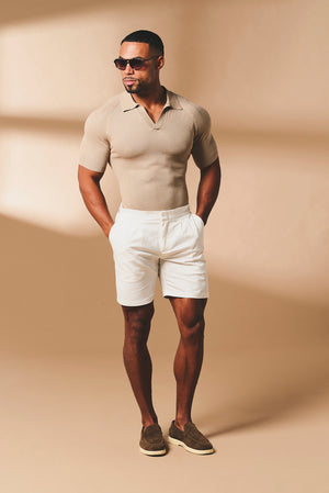 Textured Knitted Open Collar Polo Shirt in Stone