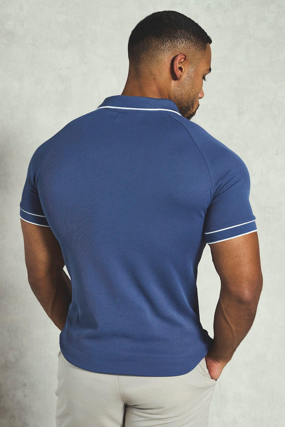 Tipped Textured Open Collar Polo Shirt in Airforce and White