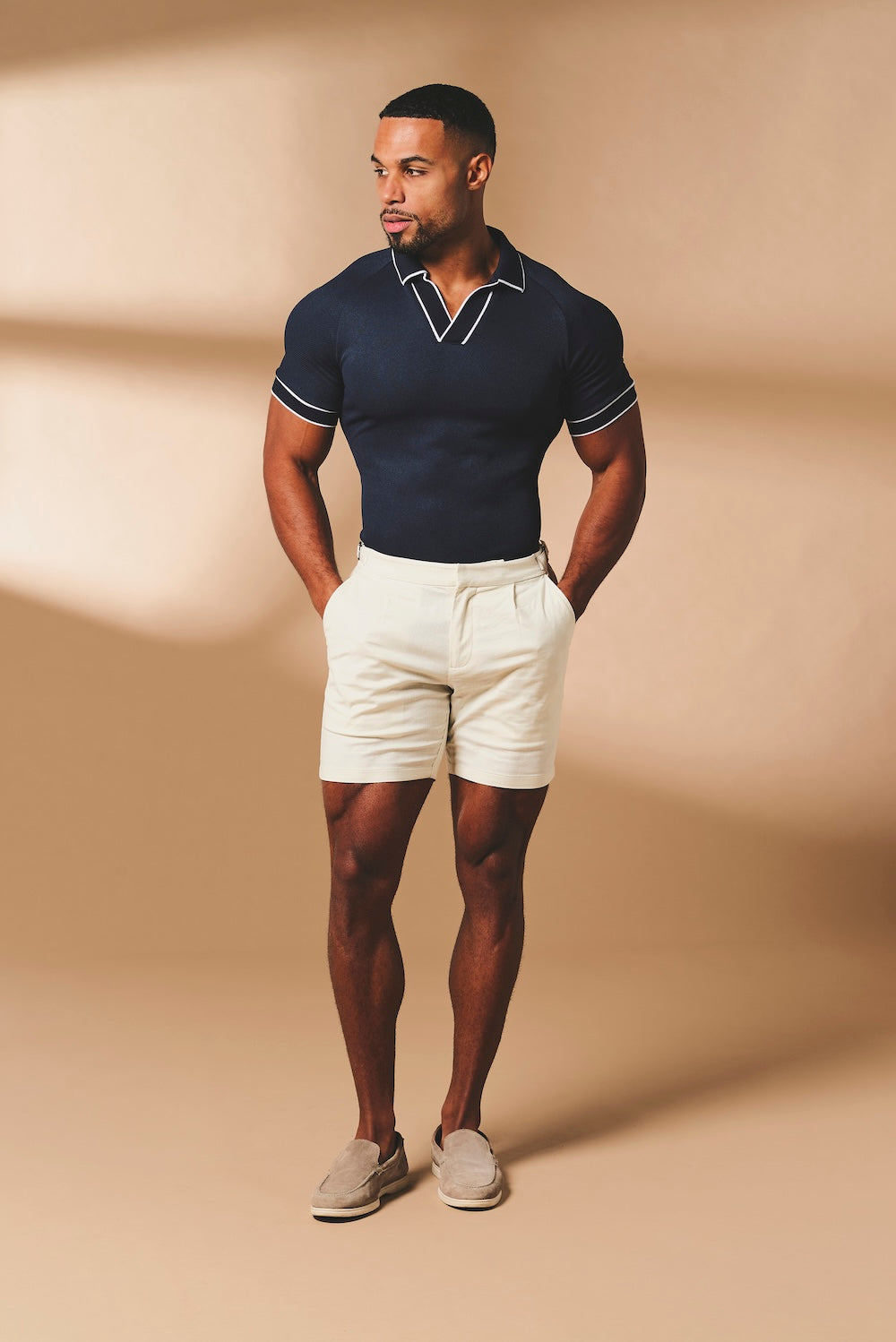 Tipped Textured Open Collar Polo Shirt in Navy and White