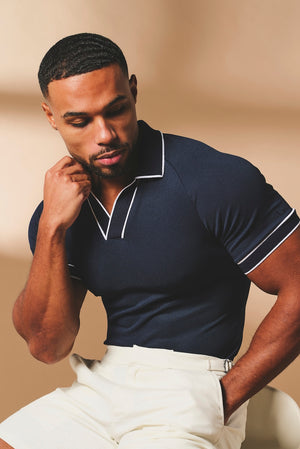 Tipped Textured Open Collar Polo Shirt in Navy and White