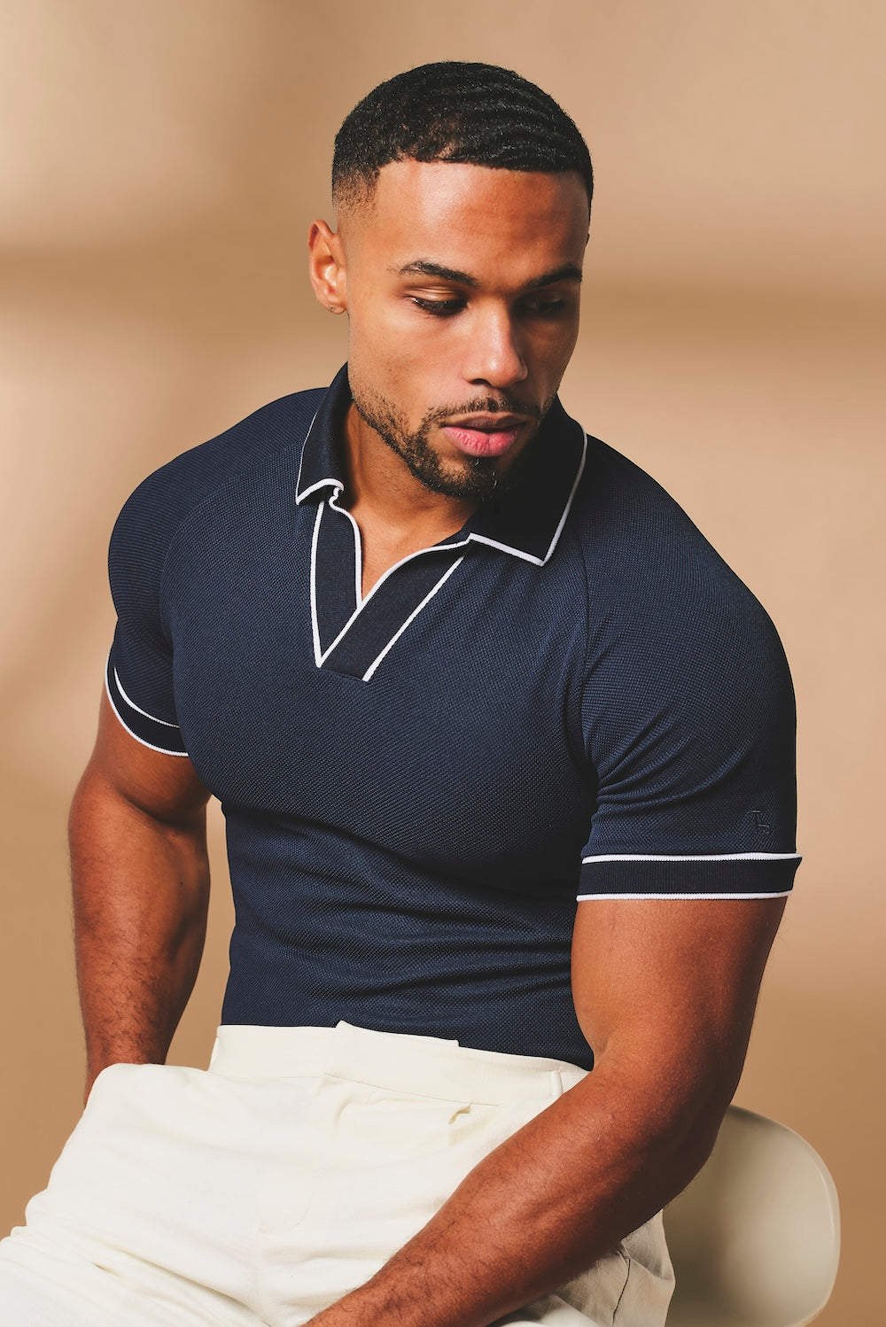 Tipped Textured Open Collar Polo Shirt in Navy and White