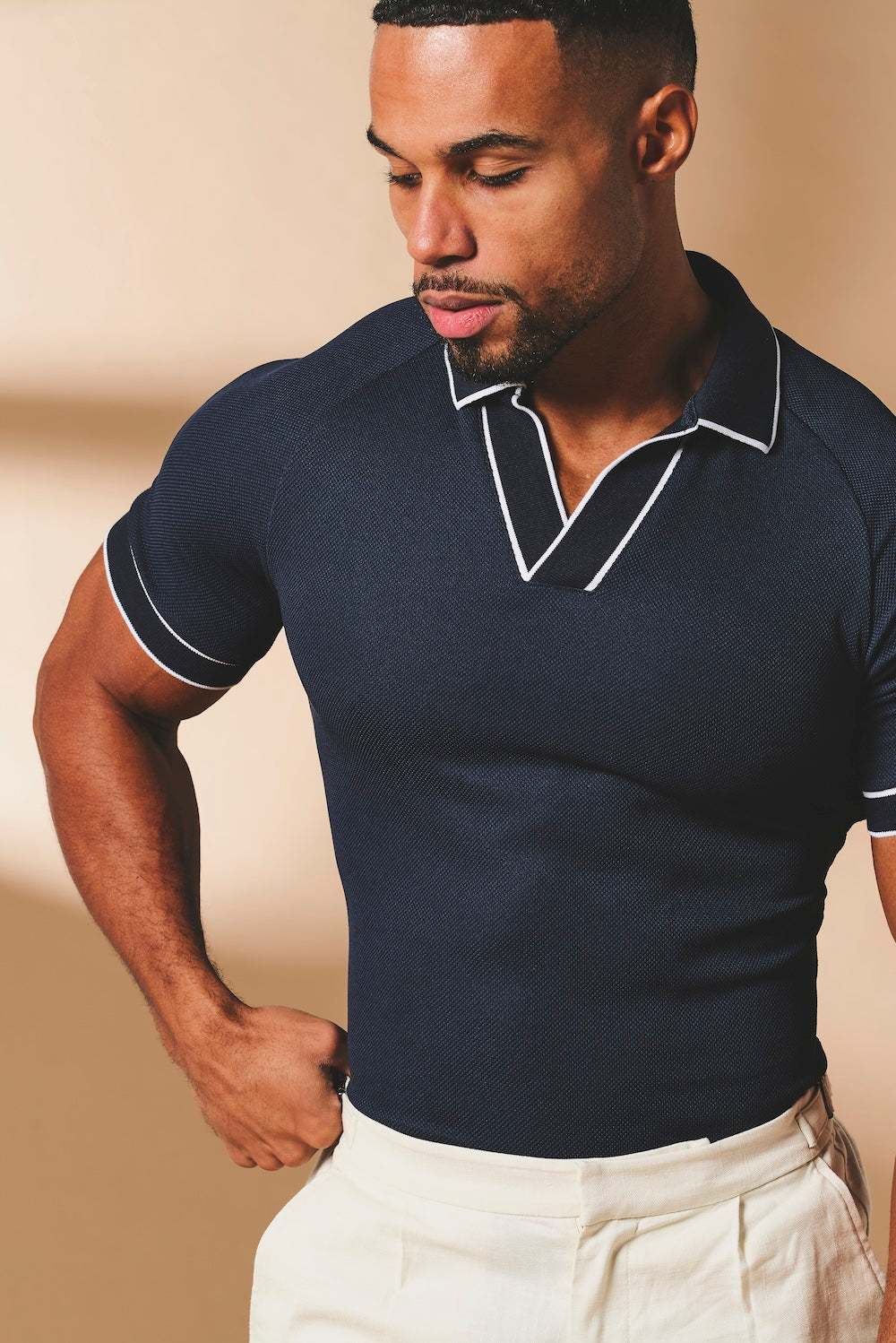 Tipped Textured Open Collar Polo Shirt in Navy and White