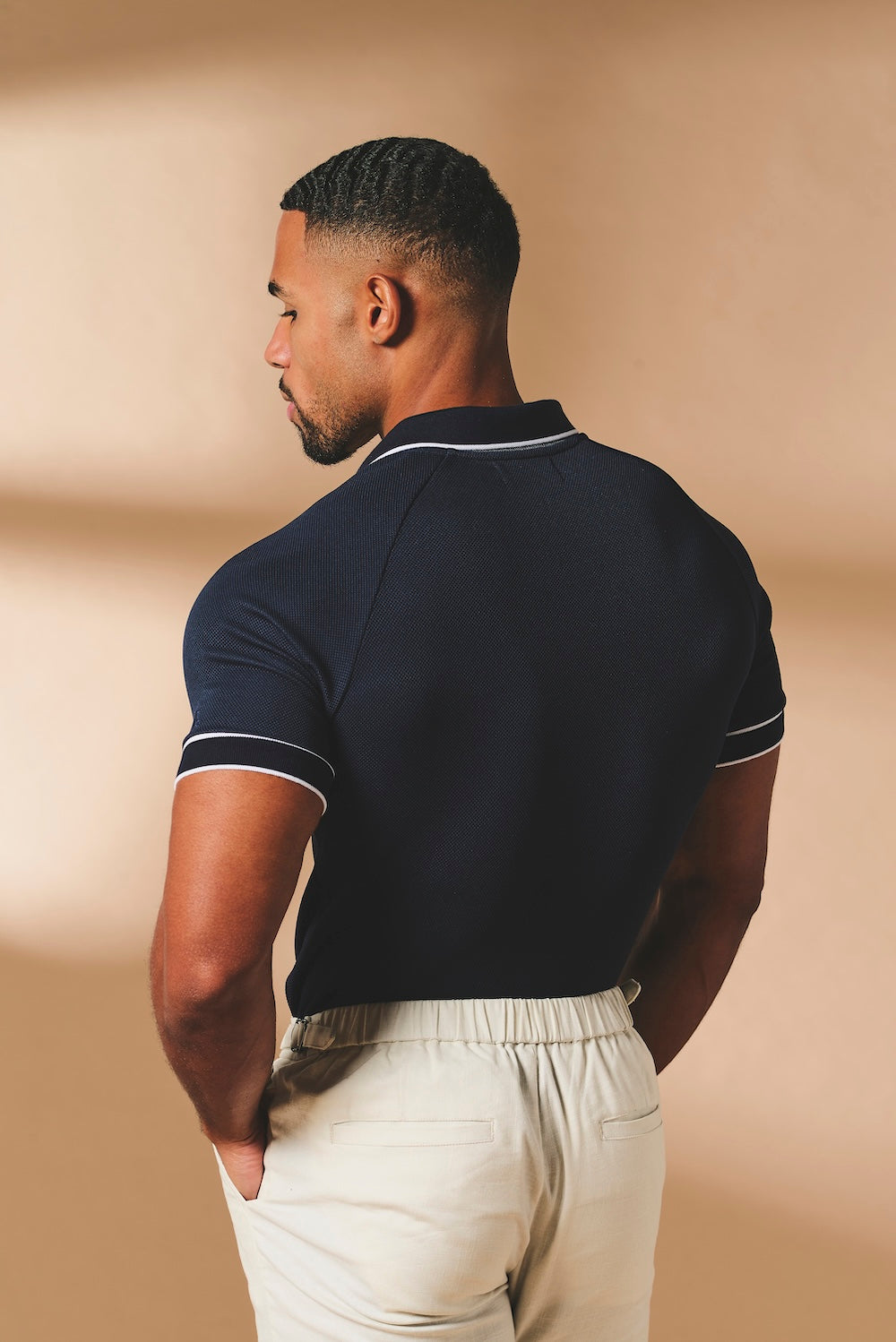 Tipped Textured Open Collar Polo Shirt in Navy and White