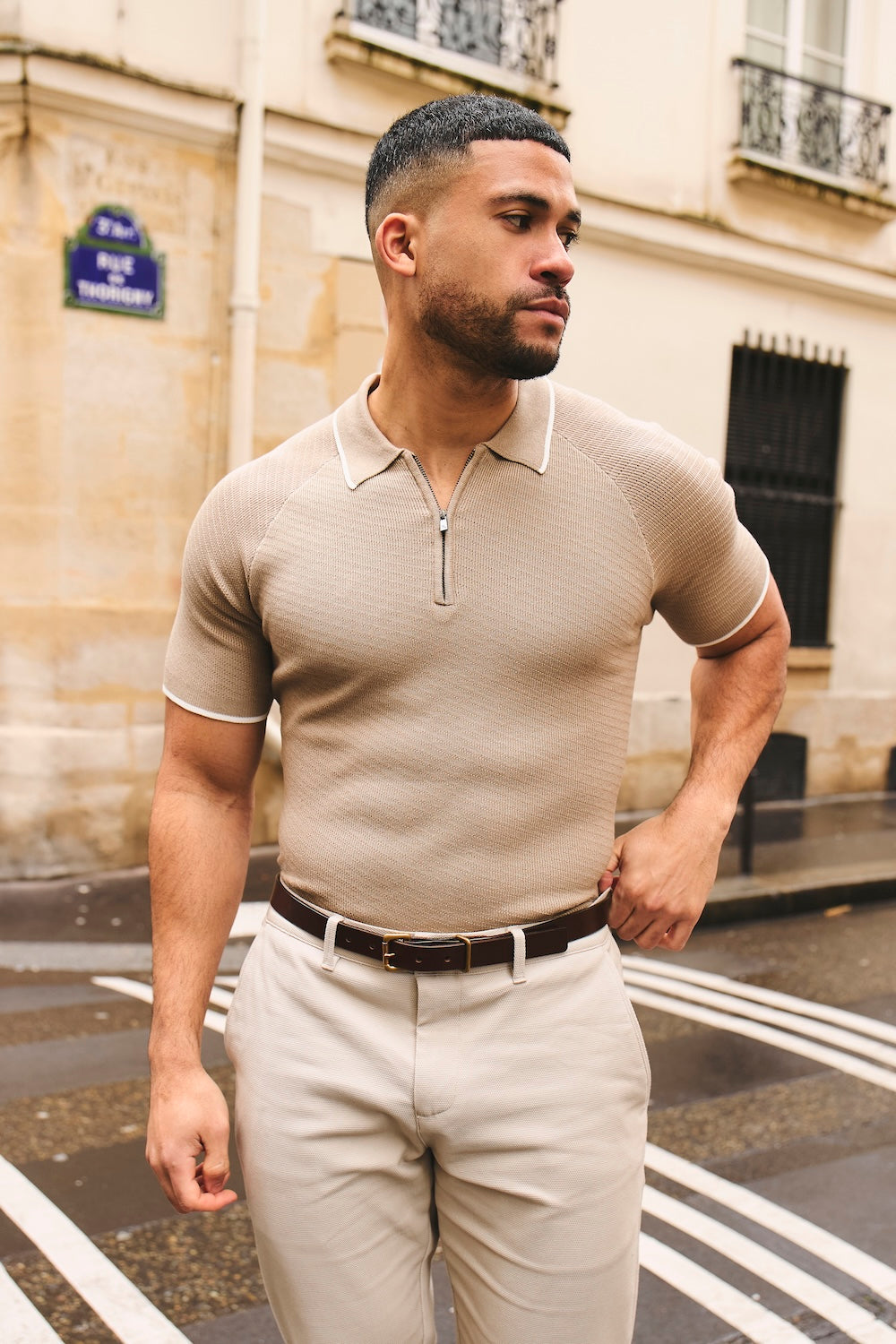 Textured Tipped Knitted Zip Neck Polo Shirt in Stone and White
