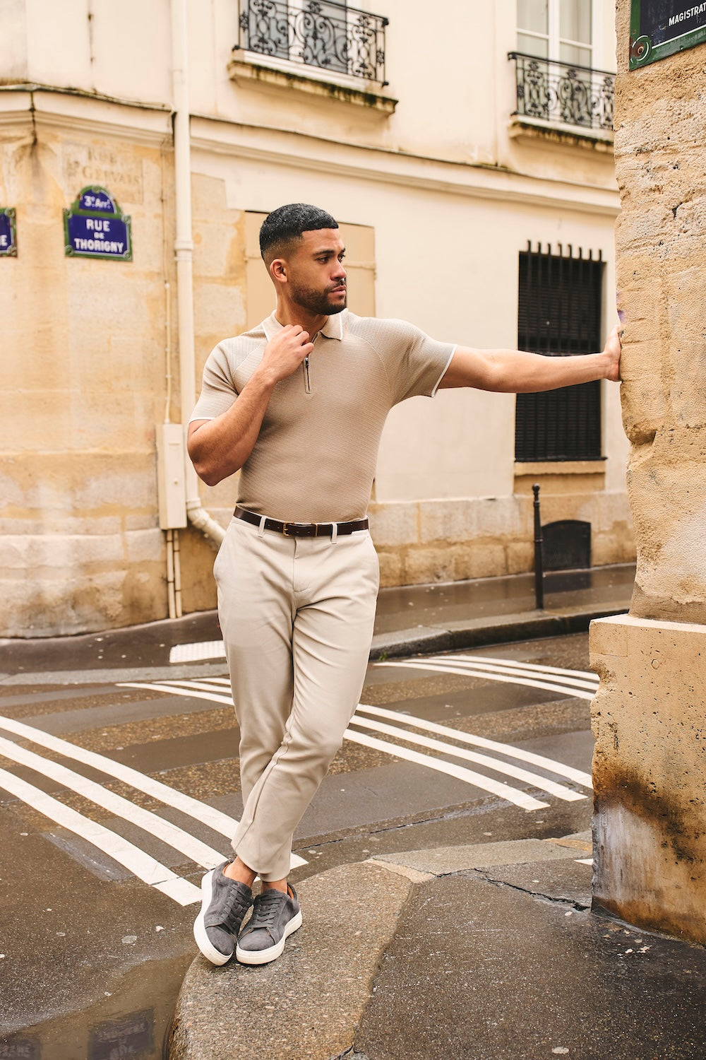 Textured Tipped Knitted Zip Neck Polo Shirt in Stone and White