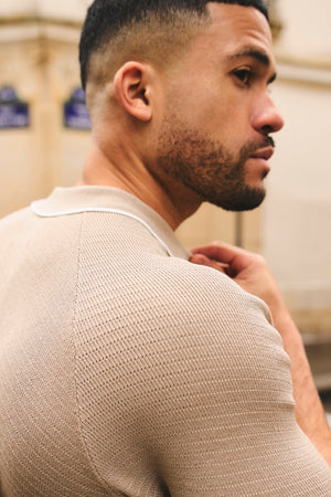 Textured Tipped Knitted Zip Neck Polo Shirt in Stone and White