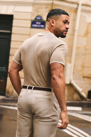 Textured Tipped Knitted Zip Neck Polo Shirt in Stone and White