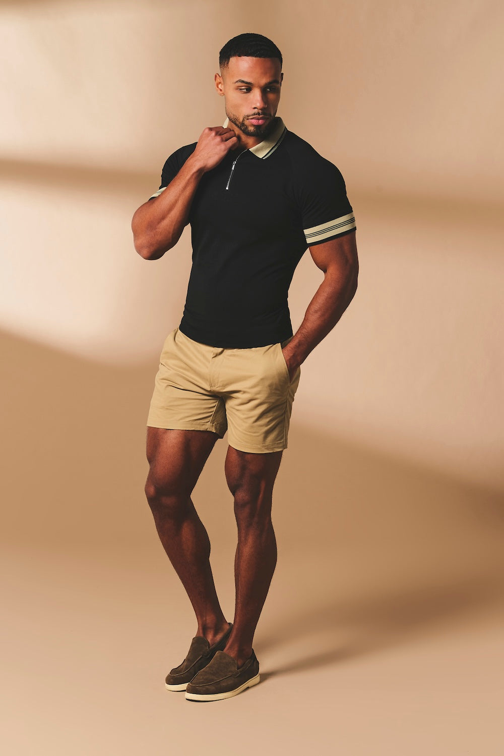 Tipped Zip Neck Polo in Black and Stone
