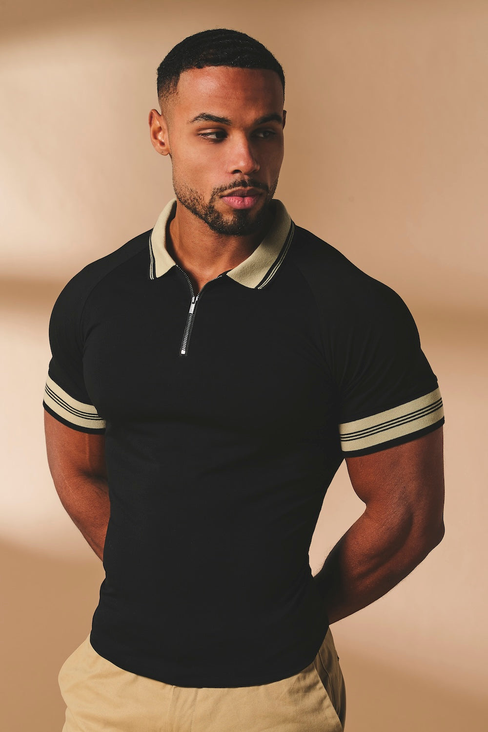 Tipped Zip Neck Polo in Black and Stone
