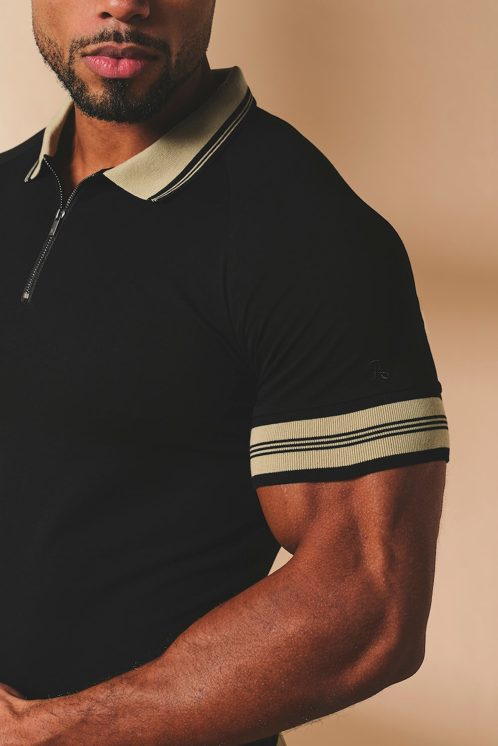 Tipped Zip Neck Polo in Black and Stone