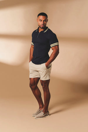 Tipped Zip Neck Polo in Navy and Stone