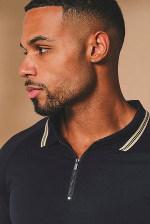 Tipped Zip Neck Polo in Navy and Stone