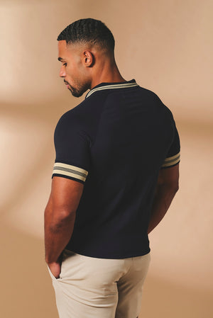 Tipped Zip Neck Polo in Navy and Stone