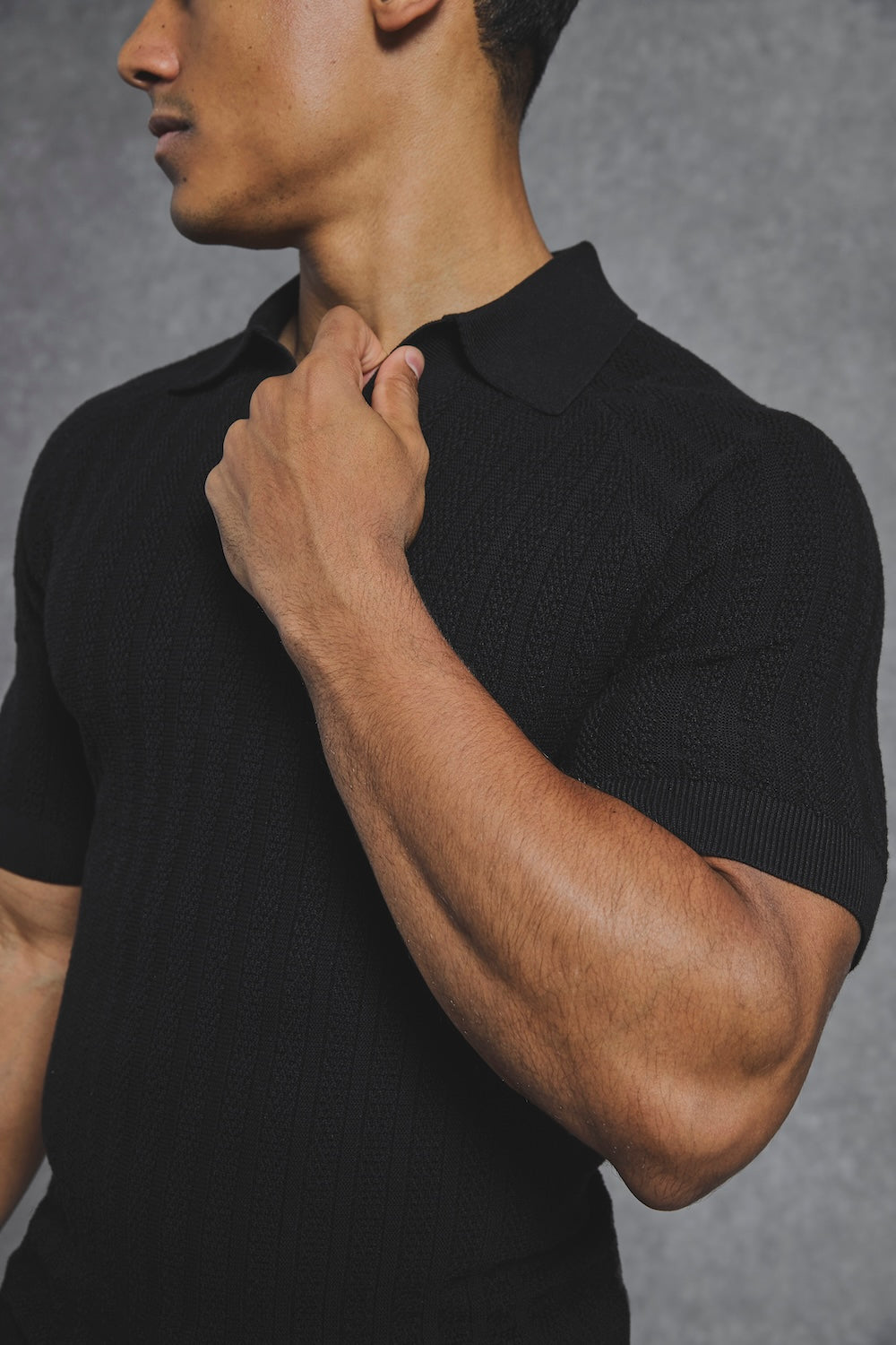 Vertical Stripe Knitted Open Collar Polo Shirt in Black