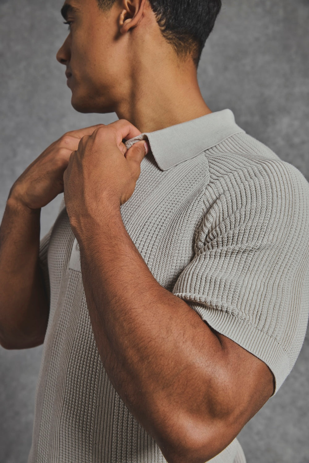 Vertical Stripe Knitted Polo Shirt in Stone