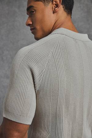 Vertical Stripe Knitted Polo Shirt in Stone