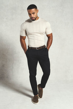 Vertical Stripe Knitted T-Shirt in Stone