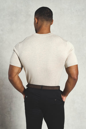 Vertical Stripe Knitted T-Shirt in Stone