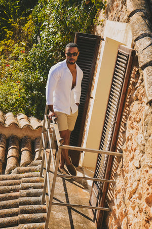 Stretch Linen Blend Cuban Collar Shirt in White
