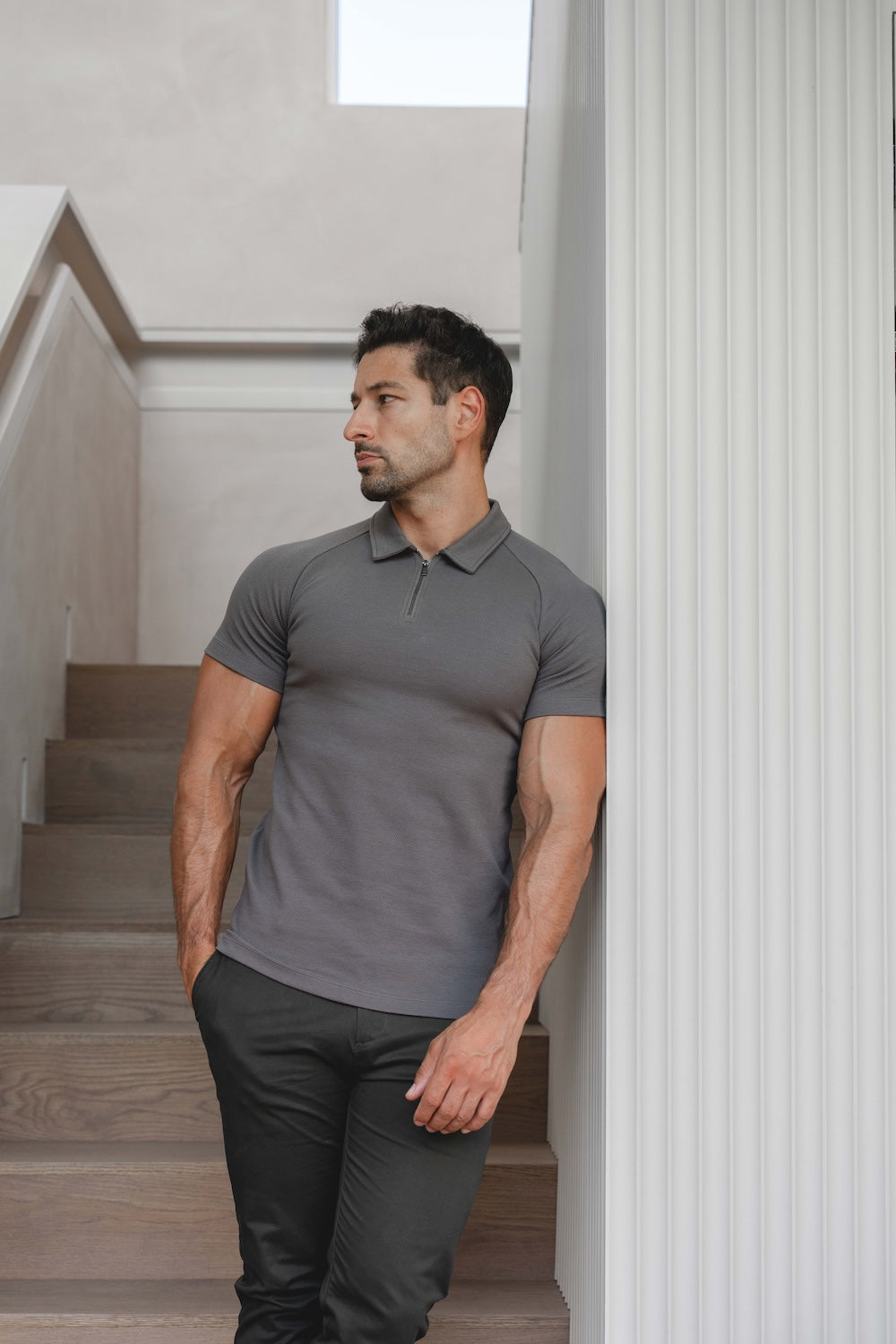 Zip Neck Polo Shirt in Graphite