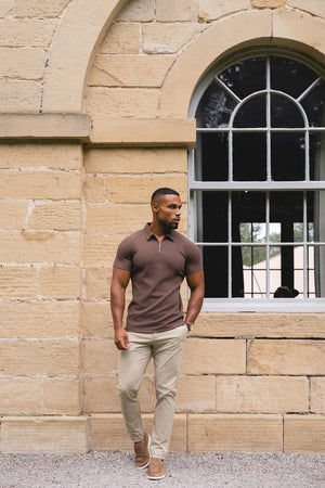 Zip Neck Polo Shirt in Mocha