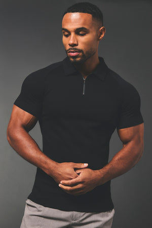 Zip Neck Polo Shirt in Black