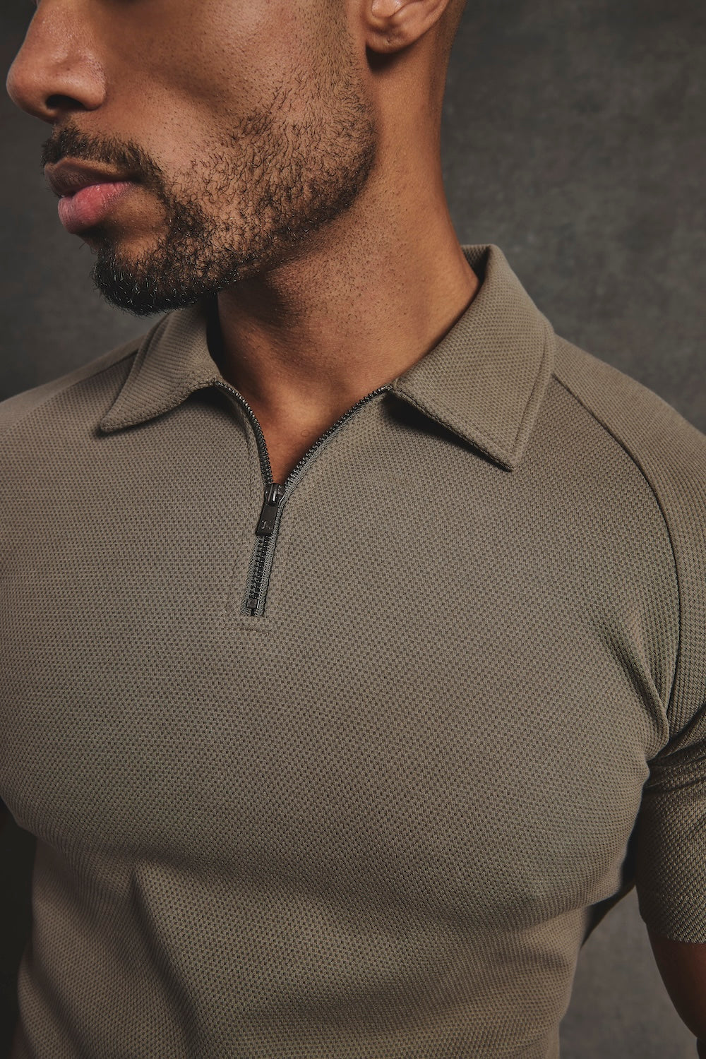 Zip Neck Polo Shirt in Smoky Khaki