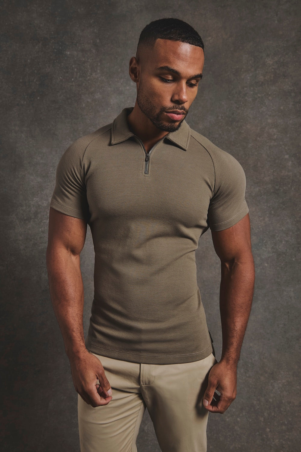 Zip Neck Polo Shirt in Smoky Khaki