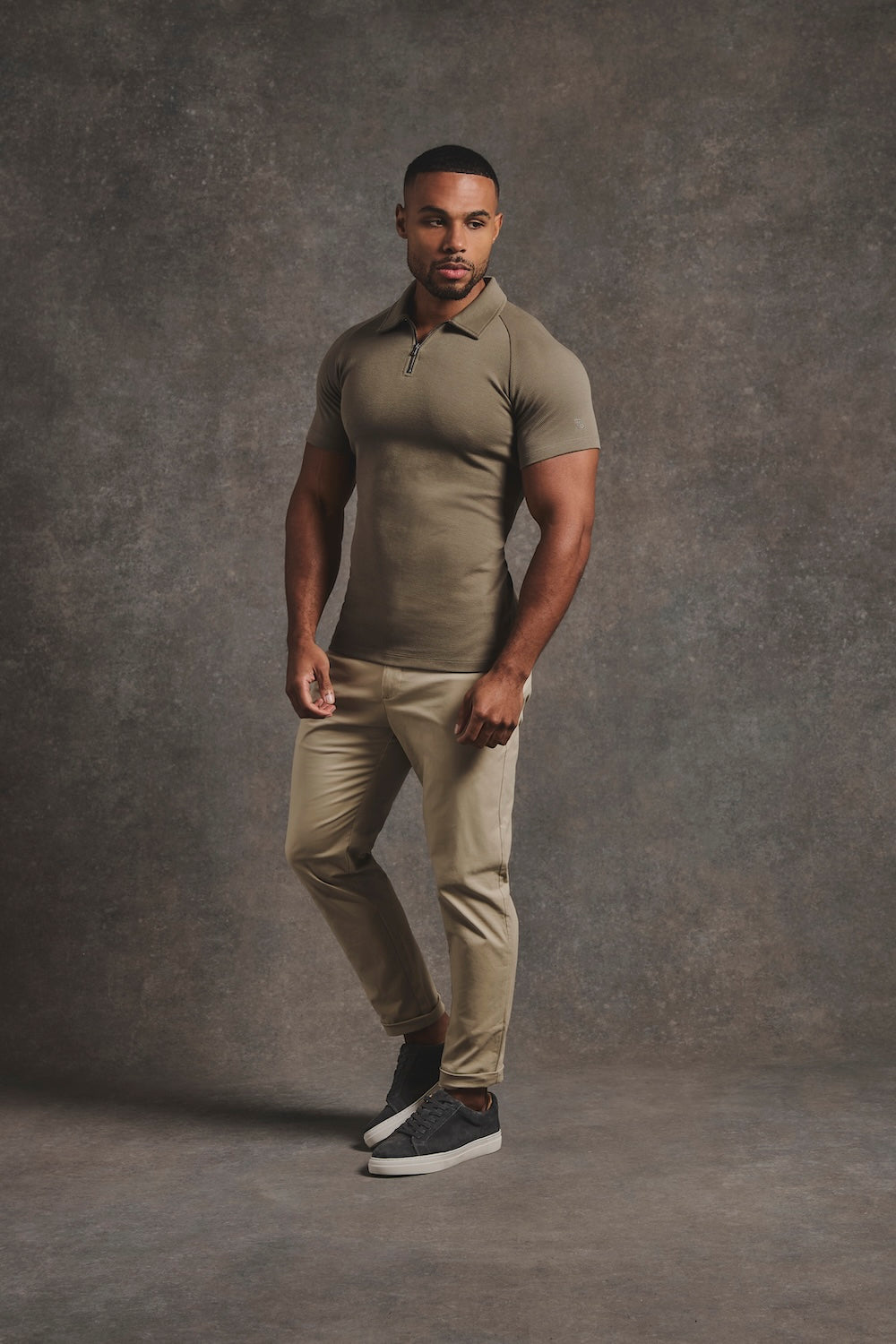 Zip Neck Polo Shirt in Smoky Khaki