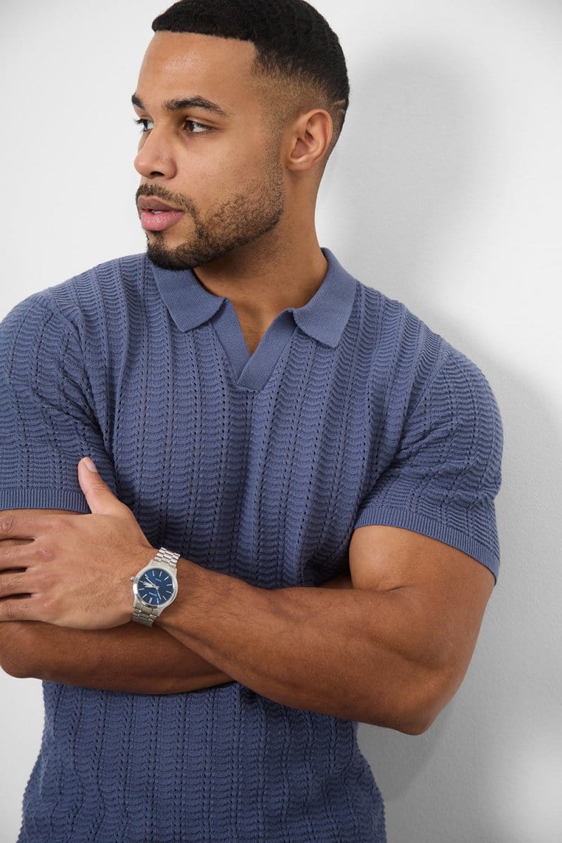Cotton Textured Open Collar Knitted Polo Shirt in Slate Blue - TAILORED ATHLETE - ROW