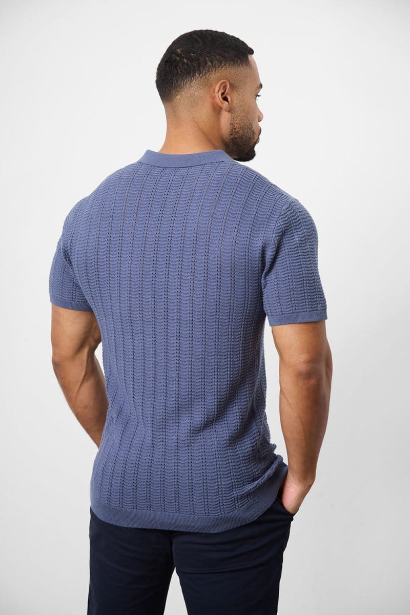 Cotton Textured Open Collar Knitted Polo Shirt in Slate Blue - TAILORED ATHLETE - ROW