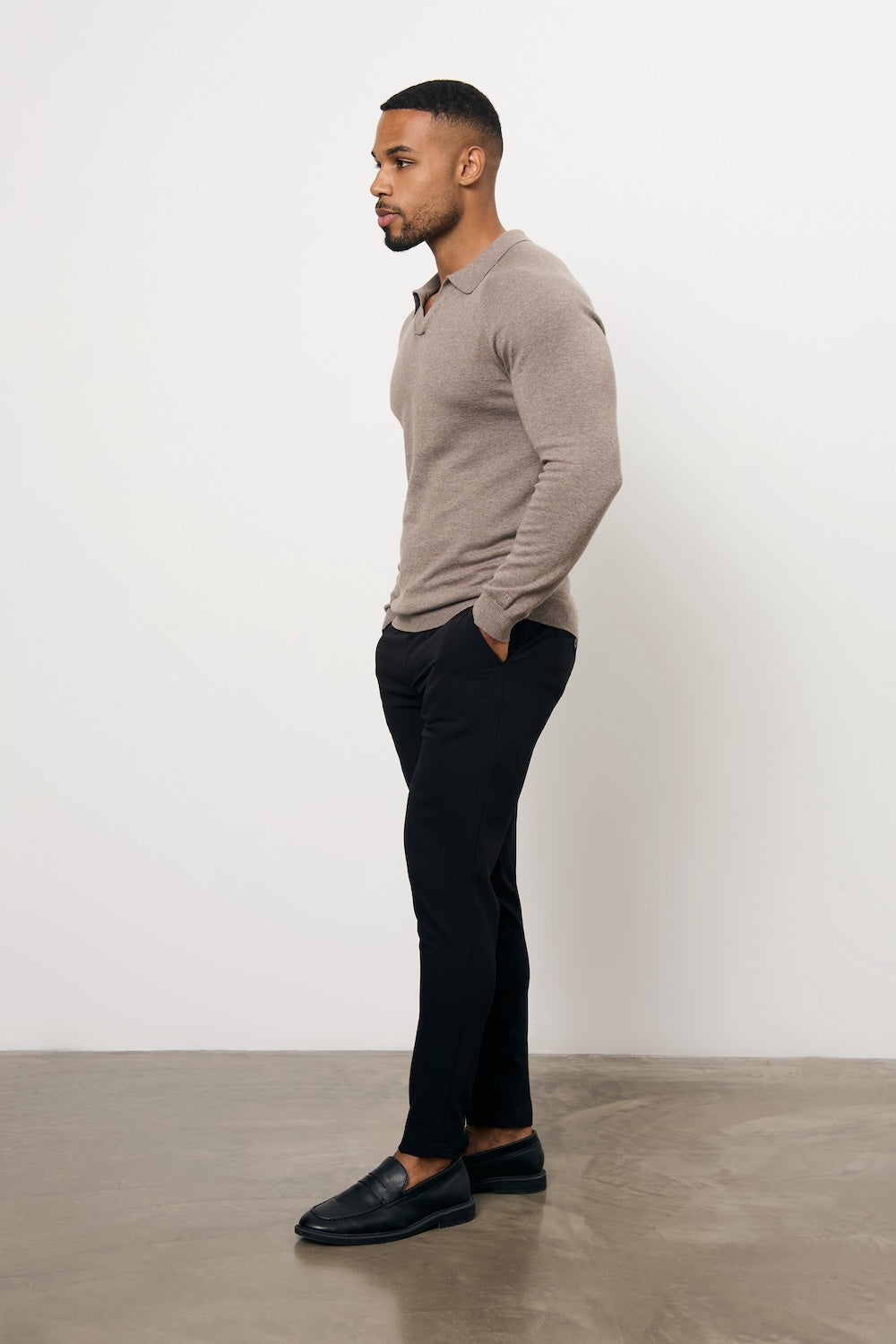 Pure Cotton Knitted Open Collar Polo Shirt in Brown Marl