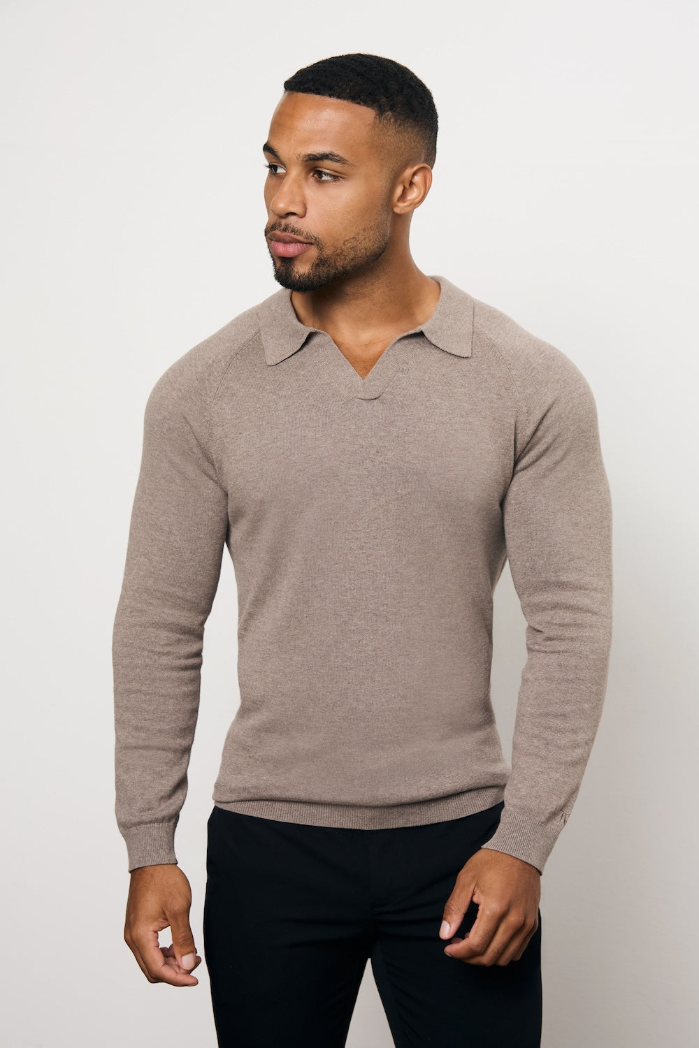 Pure Cotton Knitted Open Collar Polo Shirt in Brown Marl