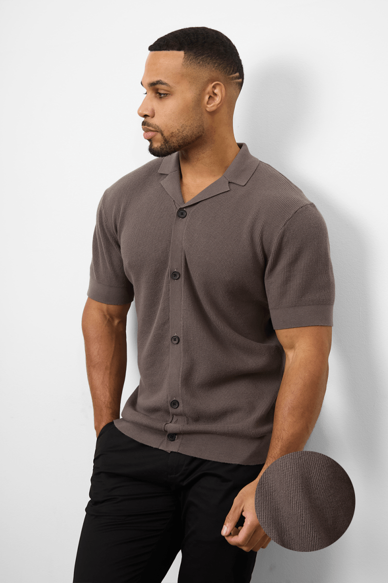Knitted Cuban Collar Shirt in Dark Mole - TAILORED ATHLETE - ROW