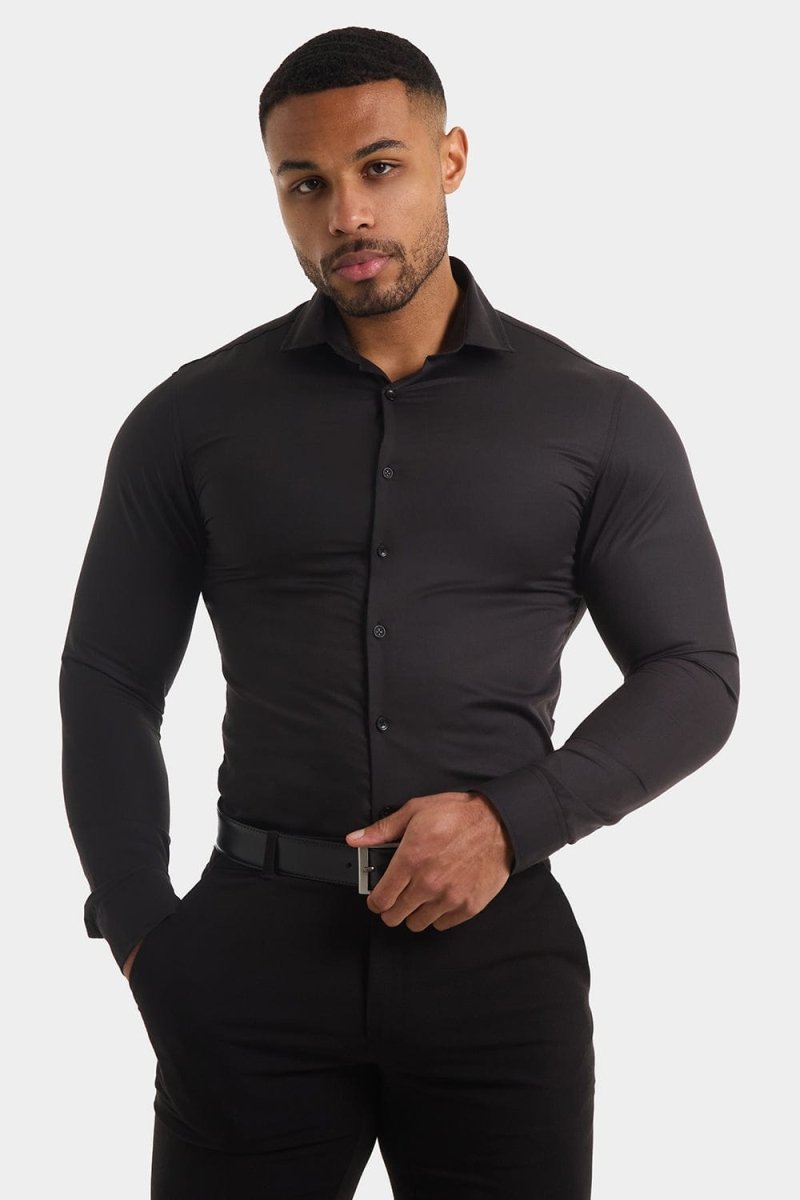 Muscle Fit Cutaway Collar Shirt in Black - TAILORED ATHLETE - ROW