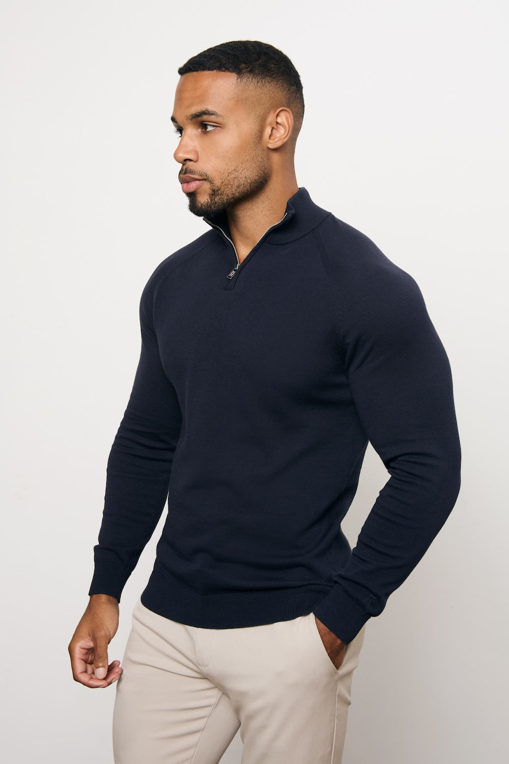 Pure Cotton Knitted Half Zip Neck Jumper in Navy