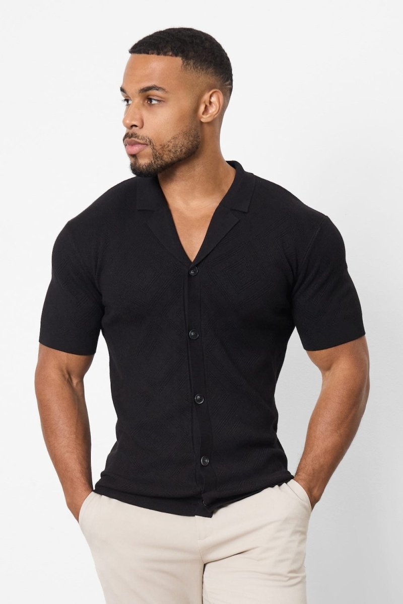 Jacquard Revere Collar Knitted Shirt in Black - TAILORED ATHLETE - ROW