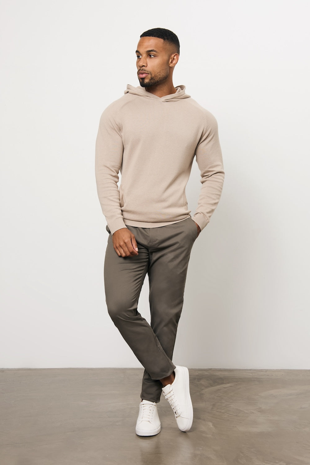 Pure Cotton Knitted Hoodie in Stone