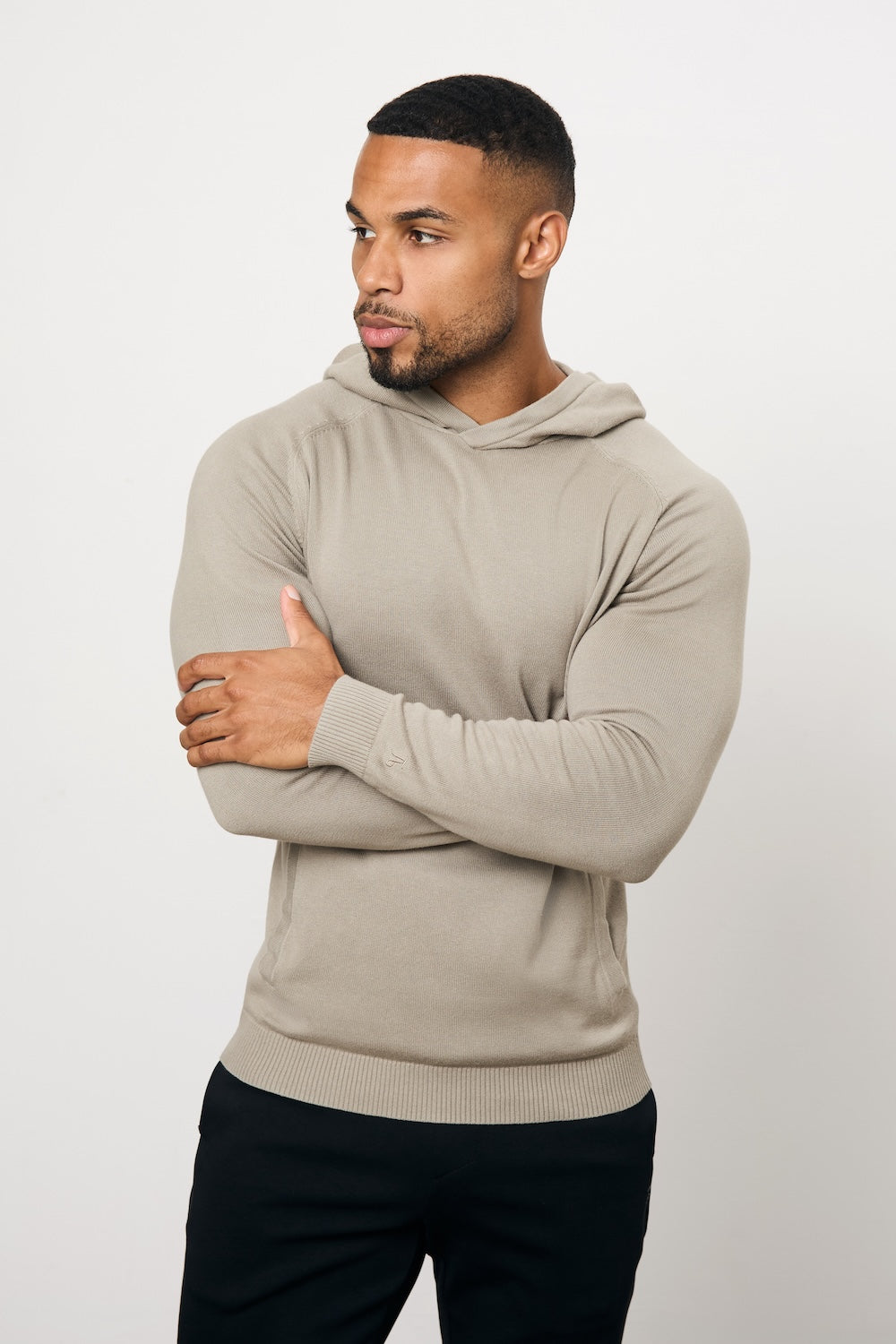 Pure Cotton Knitted Hoodie in Soft Khaki