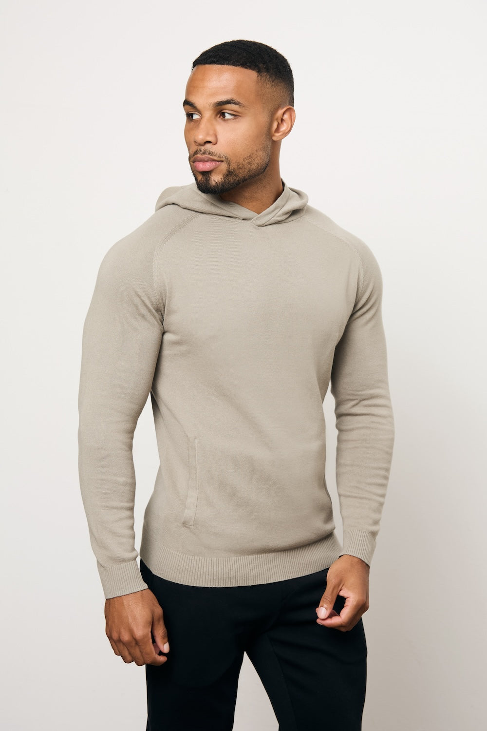 Pure Cotton Knitted Hoodie in Soft Khaki