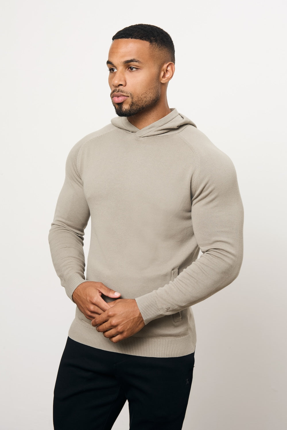 Pure Cotton Knitted Hoodie in Soft Khaki