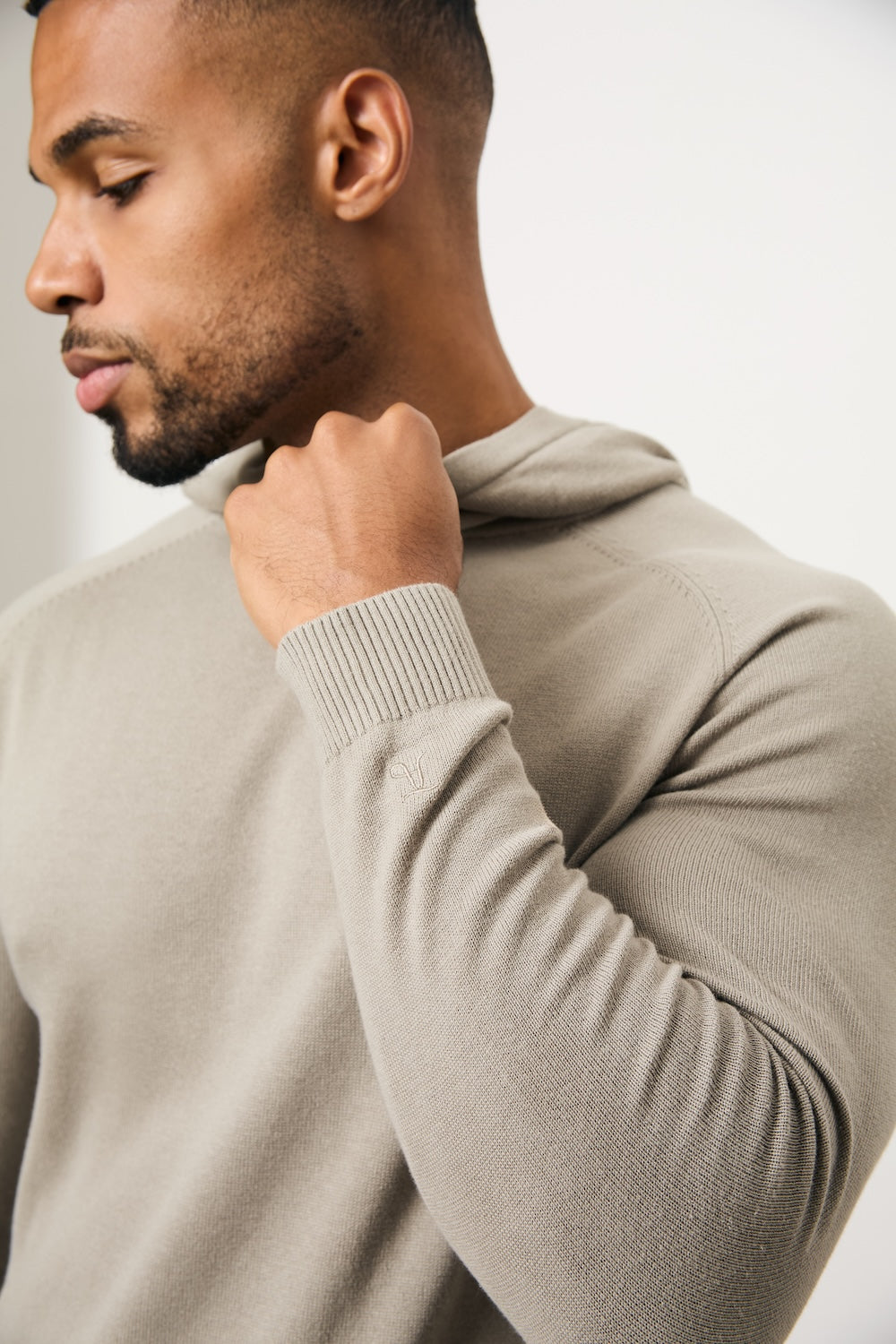 Pure Cotton Knitted Hoodie in Soft Khaki