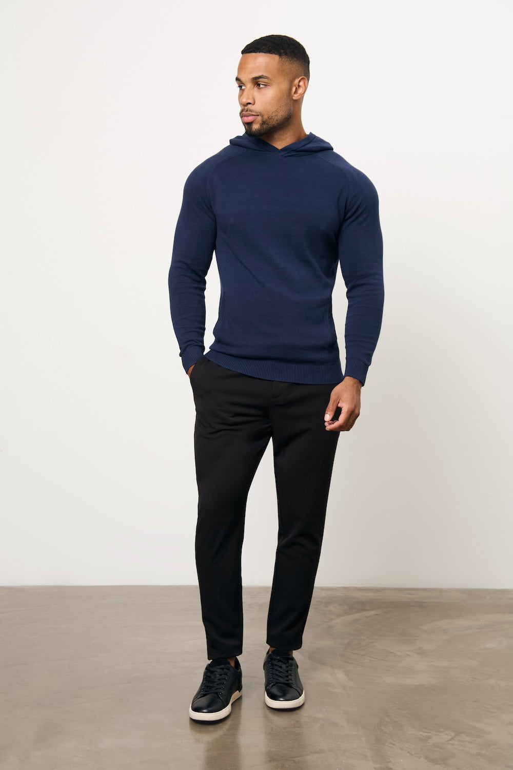 Pure Cotton Knitted Hoodie in Navy