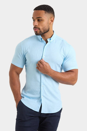 Short Sleeve Linen Blend Shirt in Light Blue - TAILORED ATHLETE - ROW