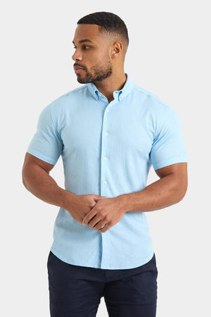 Short Sleeve Linen Blend Shirt in Light Blue - TAILORED ATHLETE - ROW