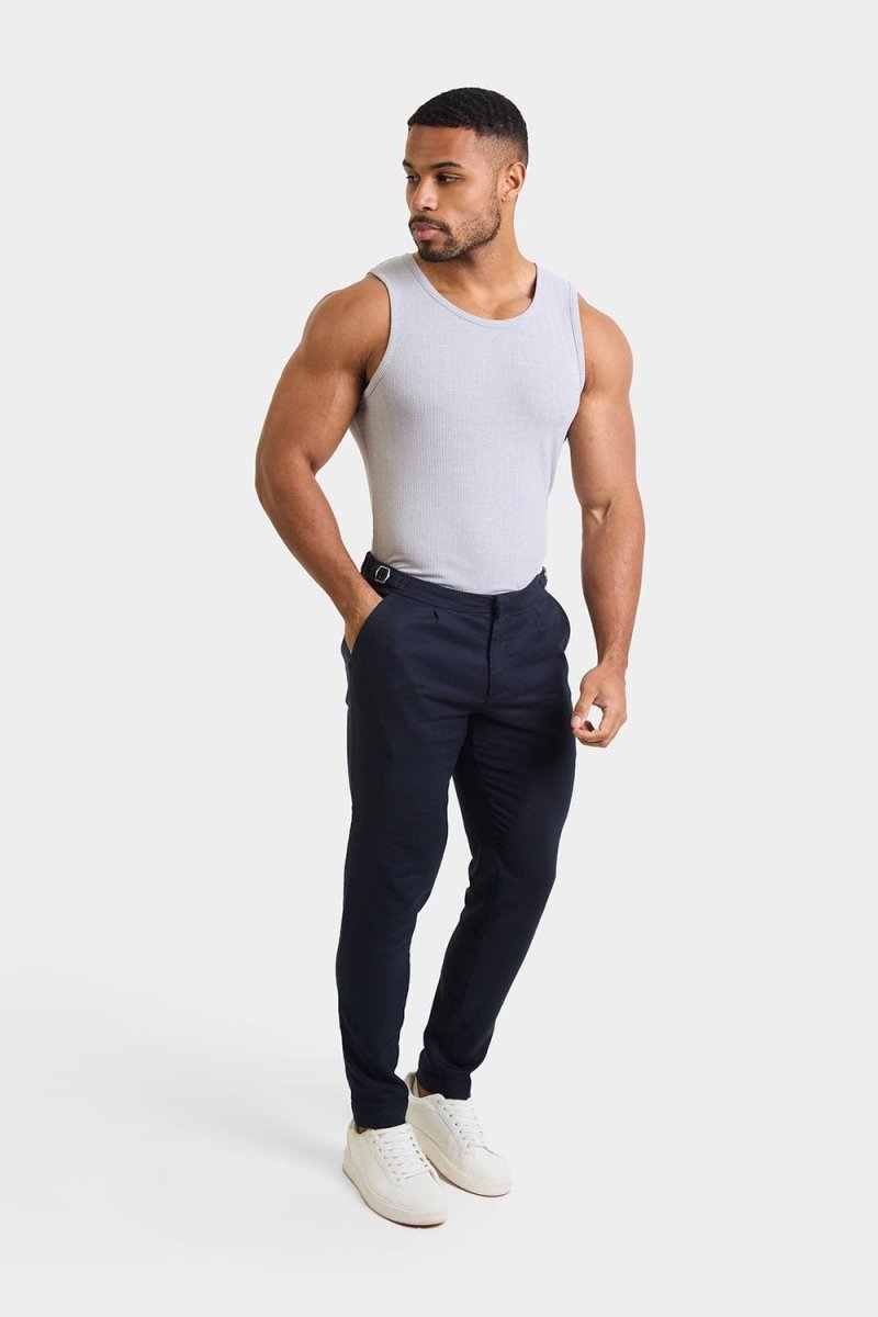 Linen Blend Cropped Pleated Trousers in Navy - TAILORED ATHLETE - ROW