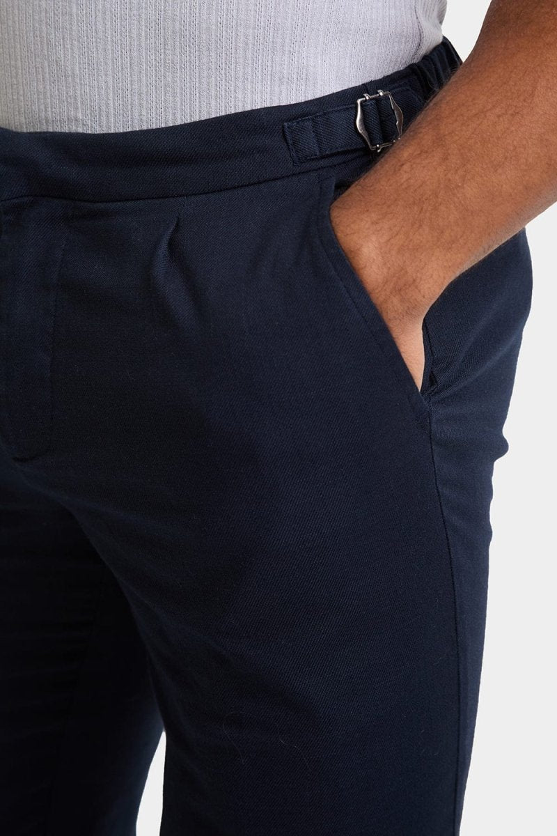 Linen Blend Cropped Pleated Trousers in Navy - TAILORED ATHLETE - ROW