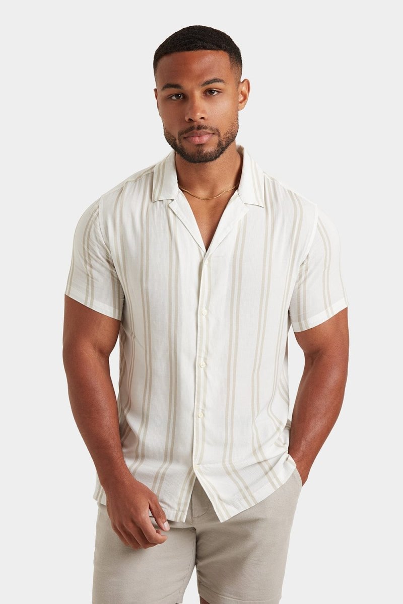 Printed Shirt in Stone Retro Stripe - TAILORED ATHLETE - ROW