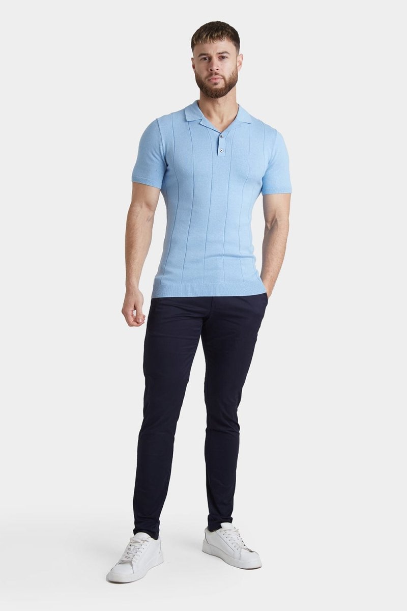 Ribbed Knitted Polo in Blue - TAILORED ATHLETE - ROW