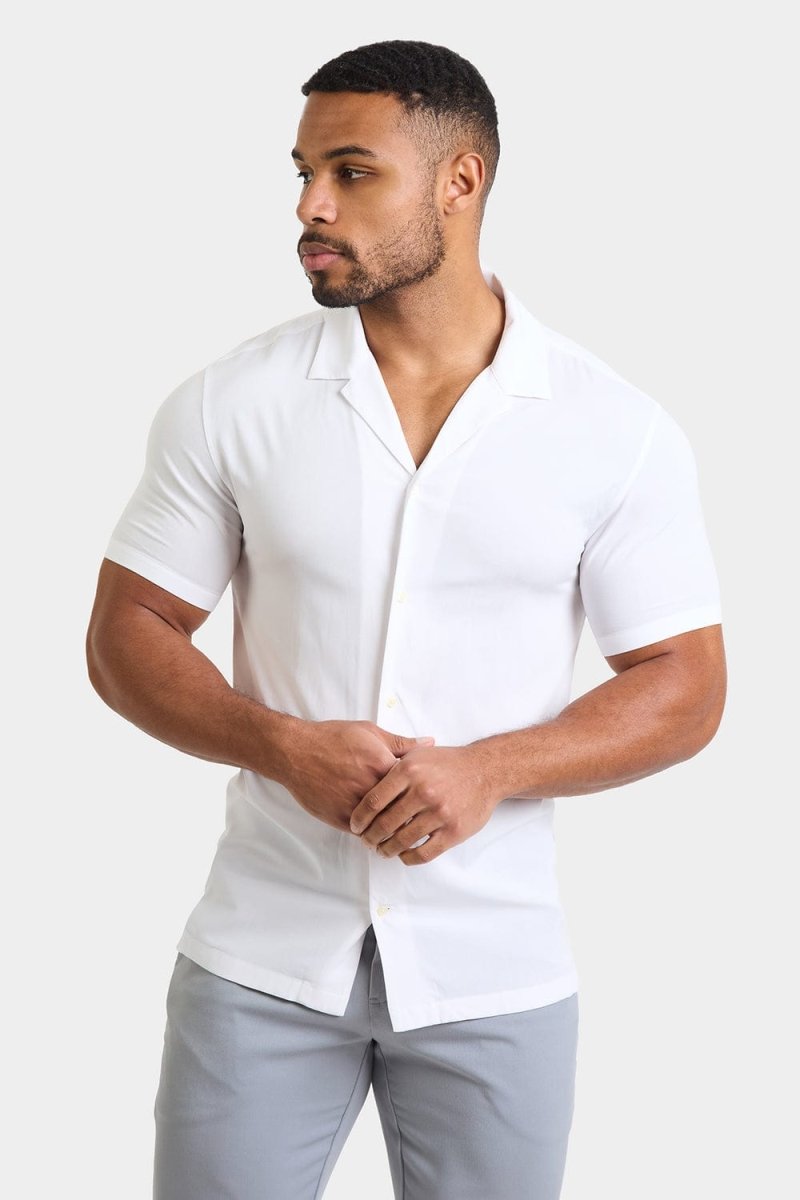 Muscle Fit Short Sleeve Viscose Shirt in White - TAILORED ATHLETE - ROW